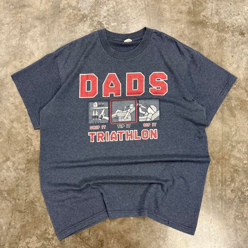 Vintage Y2K Dads Triathlon Drinking Humor Graphic Tee Heather Navy Mens Large